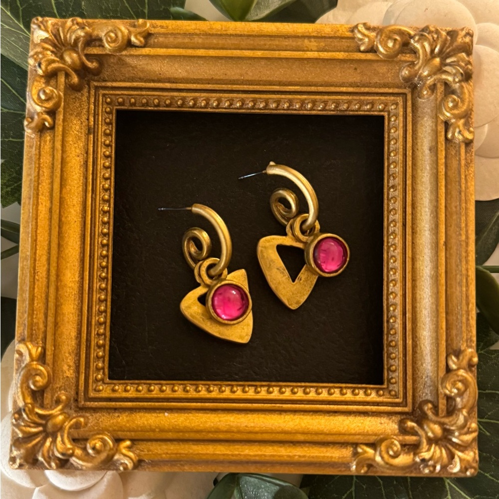 VTG French Gold Swirl Pink Cabochon Hoop Earrings - Picture 7 of 8
